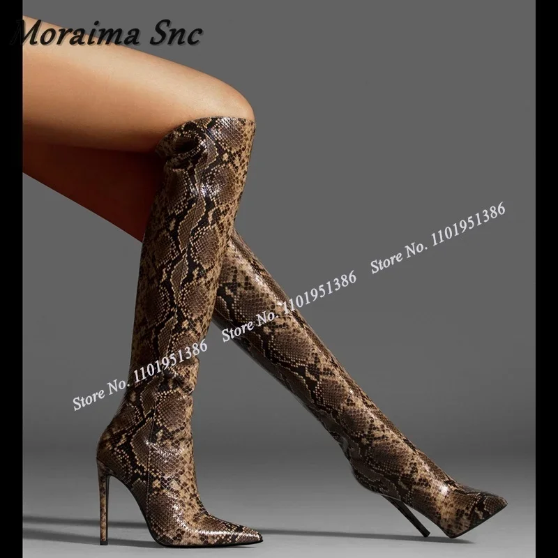Moraima Snc Brown Snakeskin Print Boots Slip on Knee High Pointed Toe Stiletto Shoes for Women High Heels Boot Zapatillas Mujer