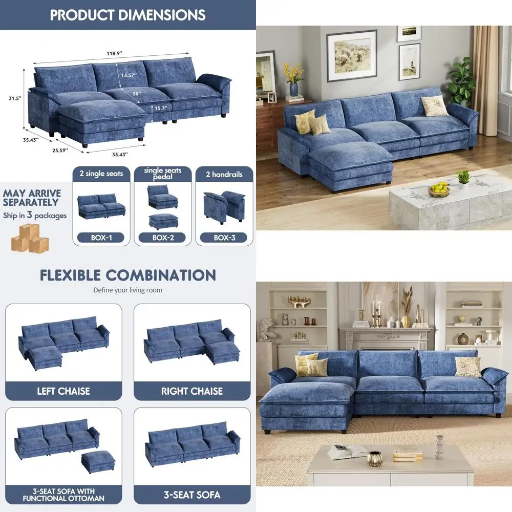 

L-Shaped Sectional Sofa with Reversible Ottoman, DIY 3-Seat Chenille Cloud Couch for Living Room