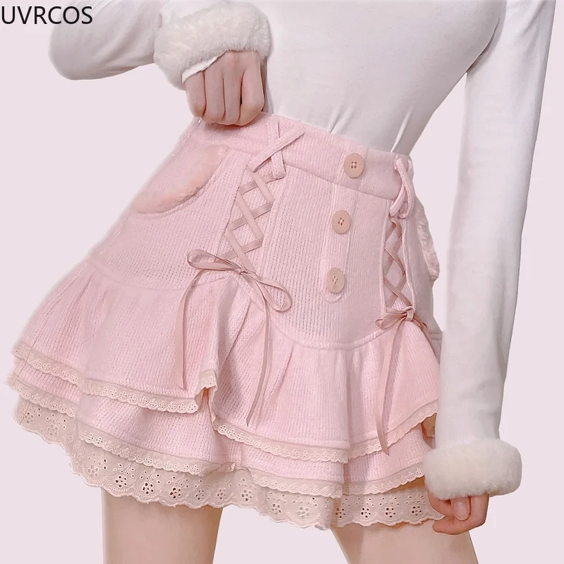 Japanese Kawaii Lolita Mini Skirt Women Winter Lace Casual Elegant Sweet Female Skirt High Waist Bandage Korean Y2k Skirts 2022