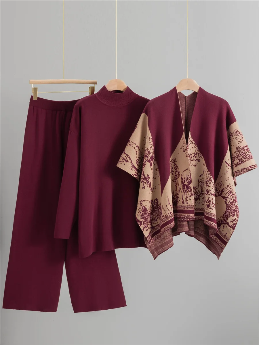 여성 캐주얼 니트 3 피스 세트 한국어 하프 터틀넥 스웨터 탑 프린트 숄 Conjuntos 하이 웨이스트 스트레이트 팬츠 복장 New