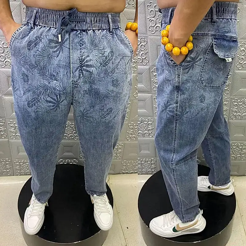 Sommer dünne lose breite Bein Männer Jeans weiche Lyocell elastische Mode lässig gerade Kordel zug Jeans hose schwarz blau grau