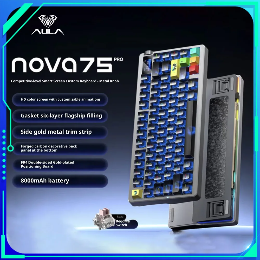 

Aula NOVA75 Mechanical Keyboard Tri Mode Bluetooth Wireless Hot Swap 1.14 Inch Screen Metal Knob Gasket 1000mAh Gaming Keyboard
