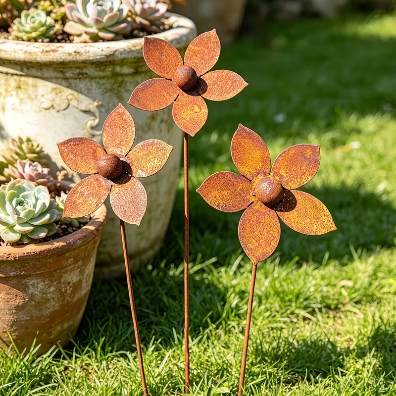 1/3pcs Rusty Metal Flower Garden Decorative Ground Stakes, Suitable for Courtyard Gardens and Flowerpot Decorations