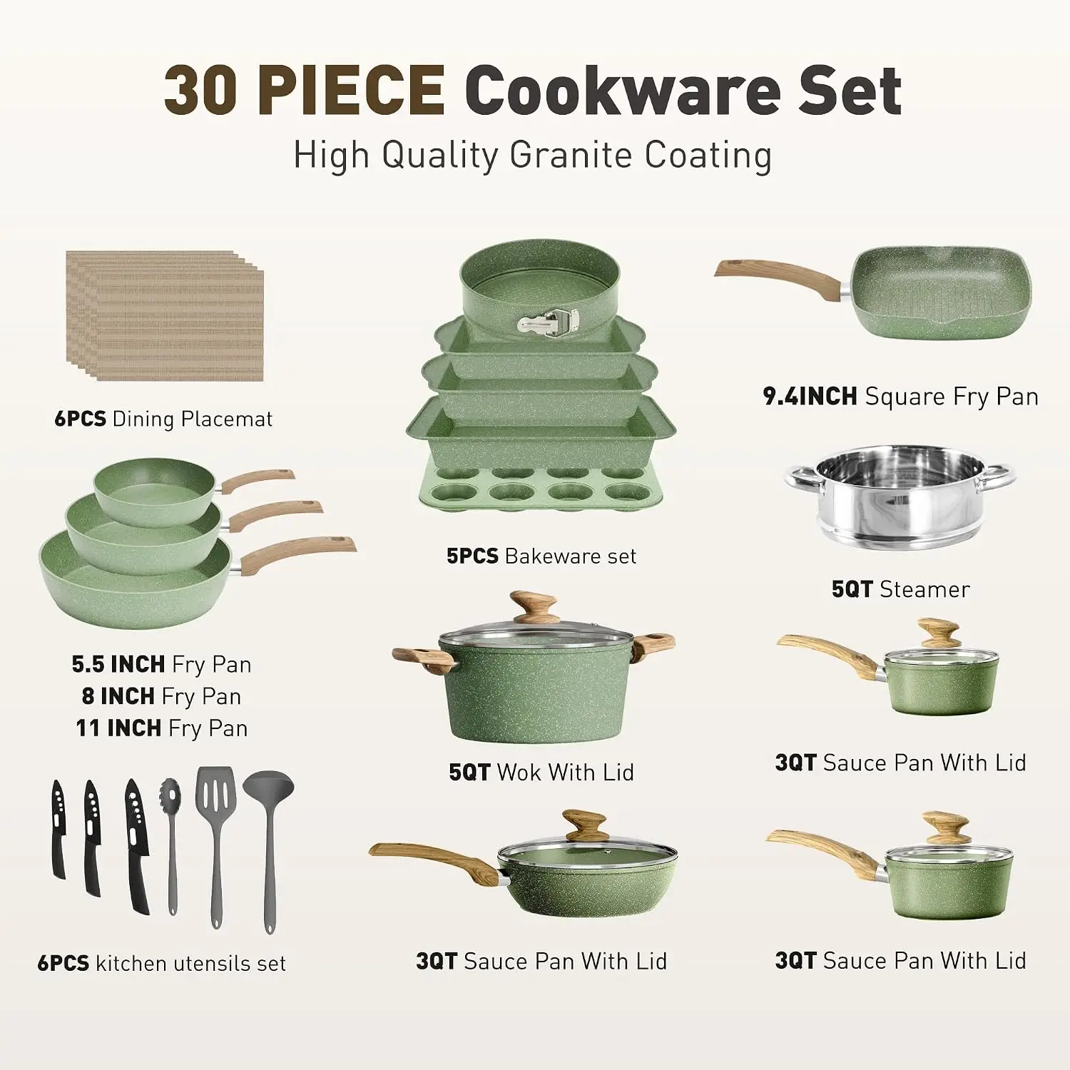 30 Piece Pots and Pans Set Non Stick, Kitchen Cookware & Bakeware Sets with Nonstick Granite Coating, Baking Tray, Frying Pan an