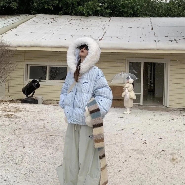 

2025 New Striped Bow Print Cotton Coat Winter Warm Thicken Hooded Short Bread Coat Korean Loose Fur Collar Cotton Padded Jacket