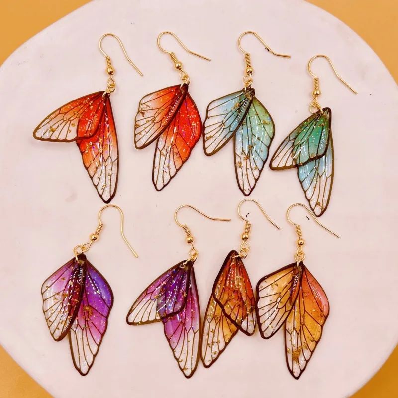 Transparent Gradient Resin Butterfly Wing Pendant Rhinestone Butterfly Earrings For Women Jewelry Party Gift Wholesale