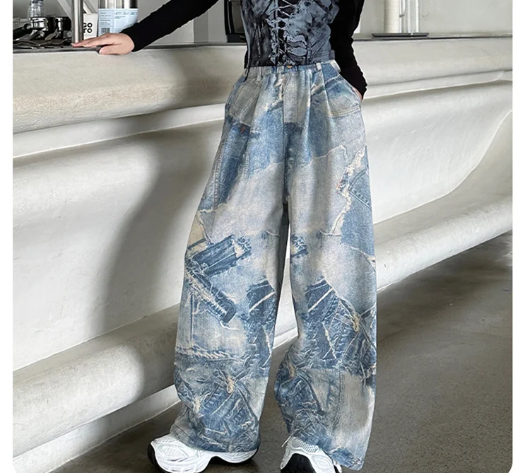 Amerikanischer Stil Mädchen High-Street-Jeans mit Zeitungsaufdruck für Kinder, Gerade, Lose, Weites Bein, Denim-Hosen, Kinder-Y2K-Jeans – Detail 4