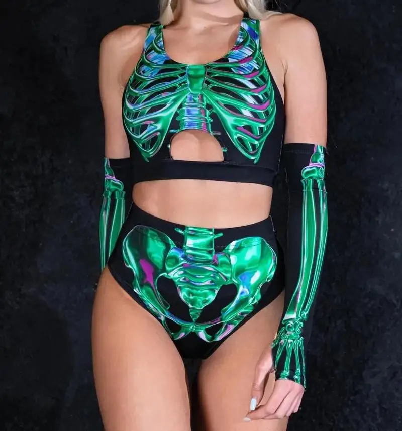 Cyber Gothic Sexy Hooded Crop Hooded Top Briefs Bikini Women Summer Swimwear Tops Streetwear Punk Slim Swimsuit