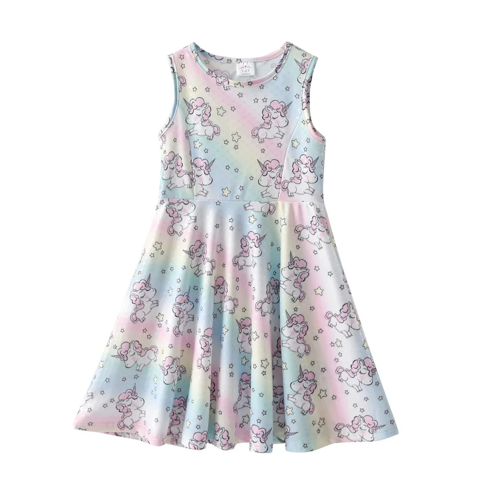 Girls Rainbow Unicorn Star Print Gradient Comfortable Polyester Sleeveless Summer Dress Kids Stage Party Casual Sundress Frocks