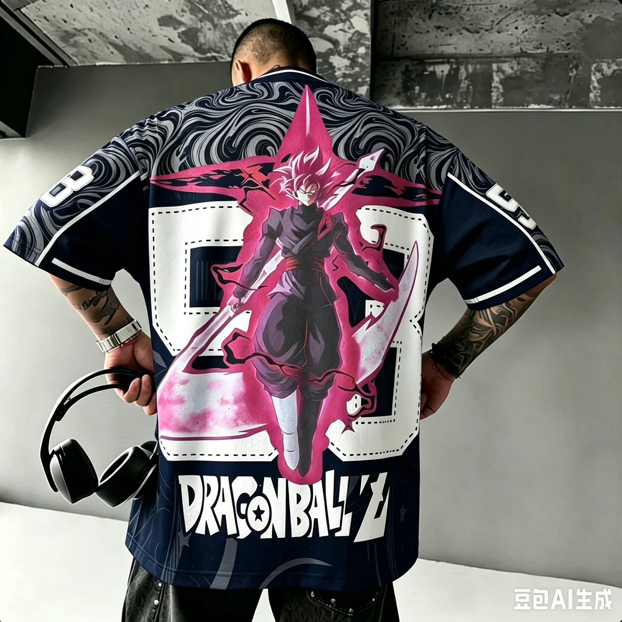 New Men Dragon Ball Black Goku Rose Graphic T-Shirt 23 Number Full Back Print Oversized Short Sleeve Quick Dry Mesh Anime Jersey - view 3