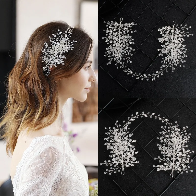Handmade Crystal Bridal Headband Silver Wedding Accessory Long Hairband Princess Party Vines Headwear Hair Jewelry for Women