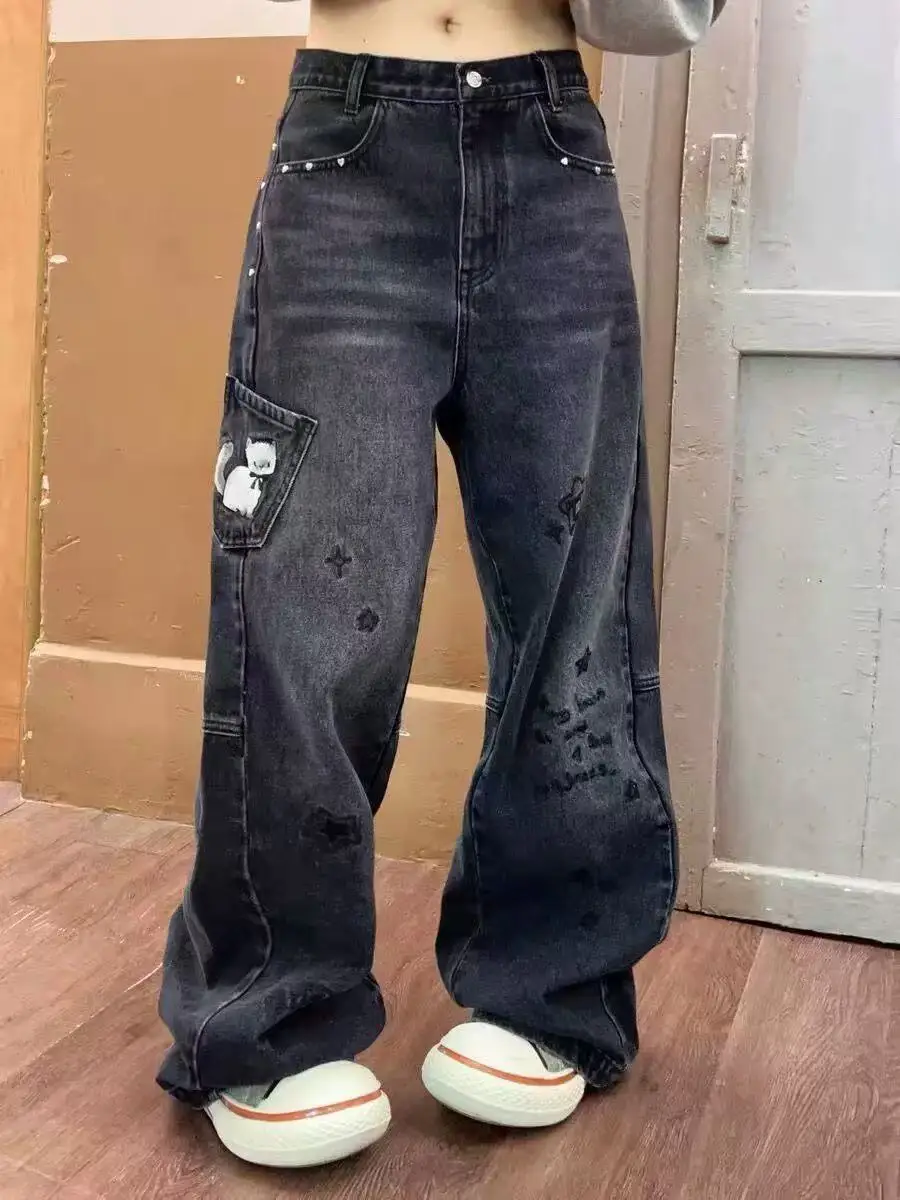 

Женские черные джинсы с милым котом и высокой талией, милые персонализированные брюки для девочек, повседневные брюки, женские широкие брюки