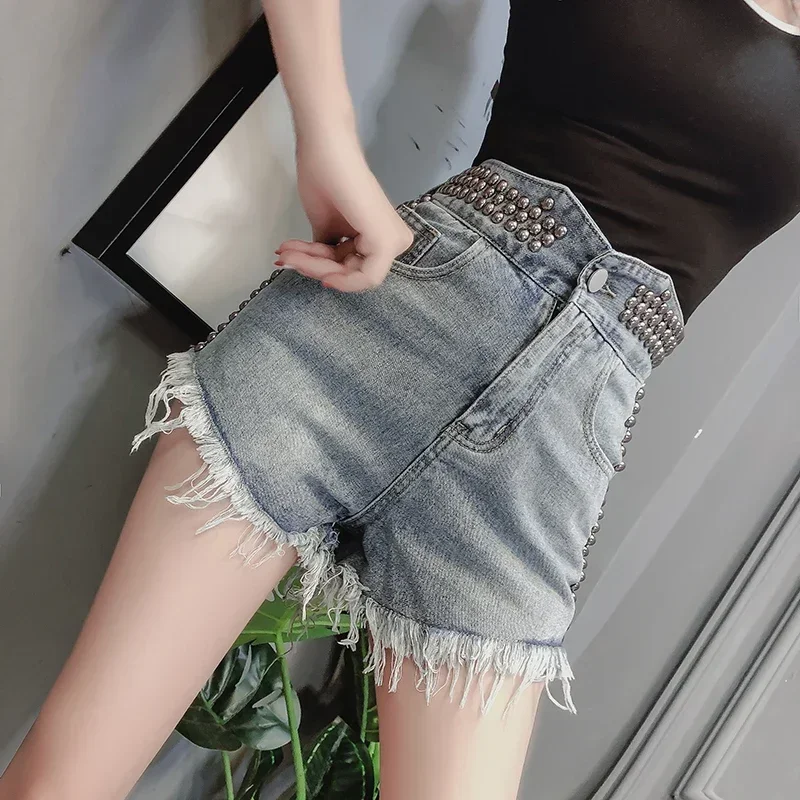 

New high waist jeans shorts female heavy rivet burrs hot pants light summer cultivate morality short shorts fashion