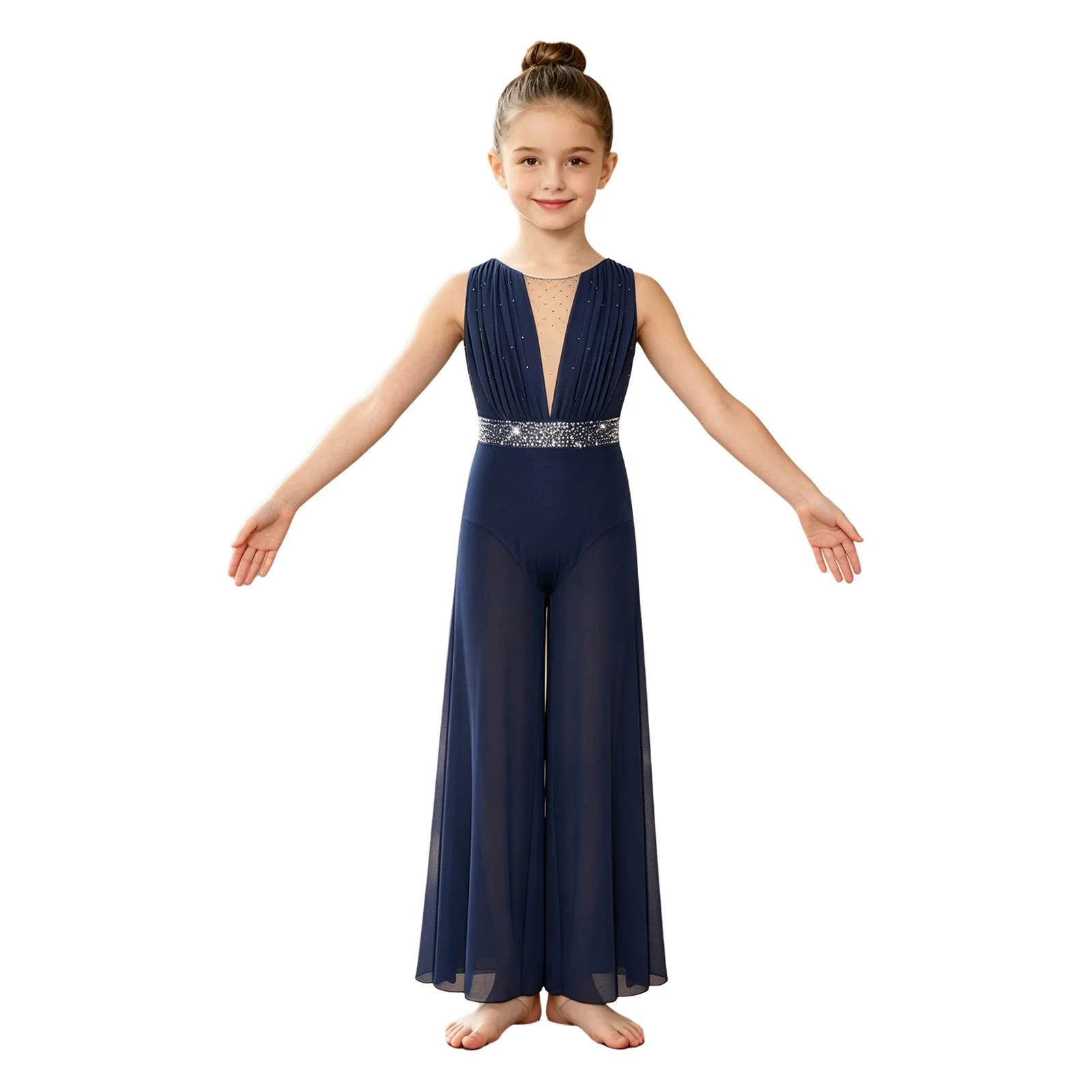 Kinder Mädchen Zeitgenössisches Ballett Lyrisches Tanzkostüm Unitard mit Strassbesetztem Oberteil und Transparenter Weitbeiniger Netzstoffhose – Detail 15