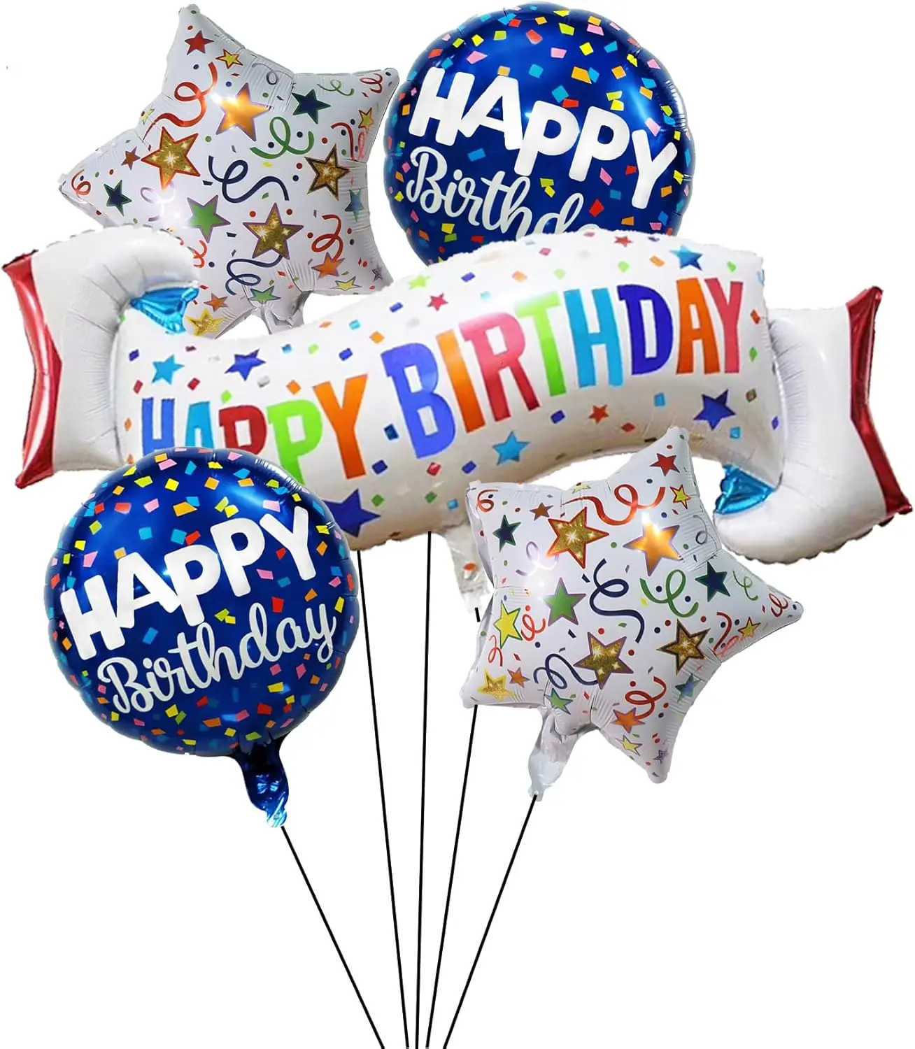 5-teiliges buntes Geburtstagsbanner aus Aluminiumfolie mit 18'' Stern- und runden Luftballons für Geburtstagsparty-Dekorationszubehör
