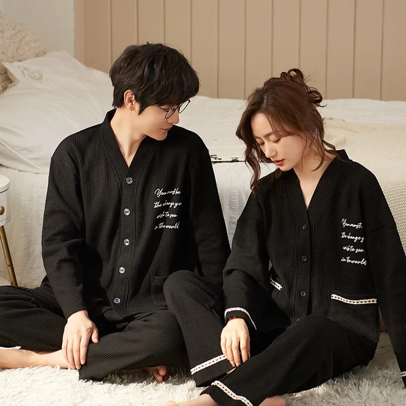 Autumn Couple Pijamas Set For Men Women Cotton Kimono Homewear Man Pjs Female Pijamas Suit Pyjamas Home Clothes Drop Ship