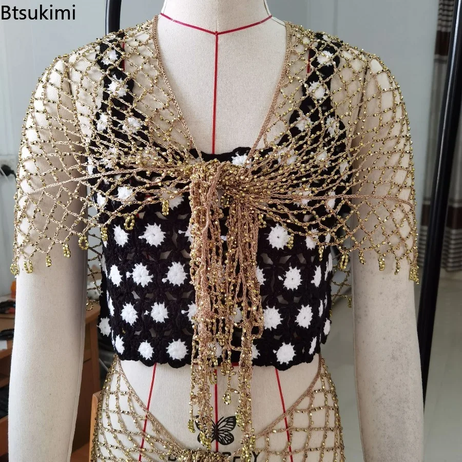 Women's Hand-Crocheted Flower Triangle Fish Net Fish Scale Scarf Dress Accessory Hollow Beach Shawl Cape Women's Small Cardigan