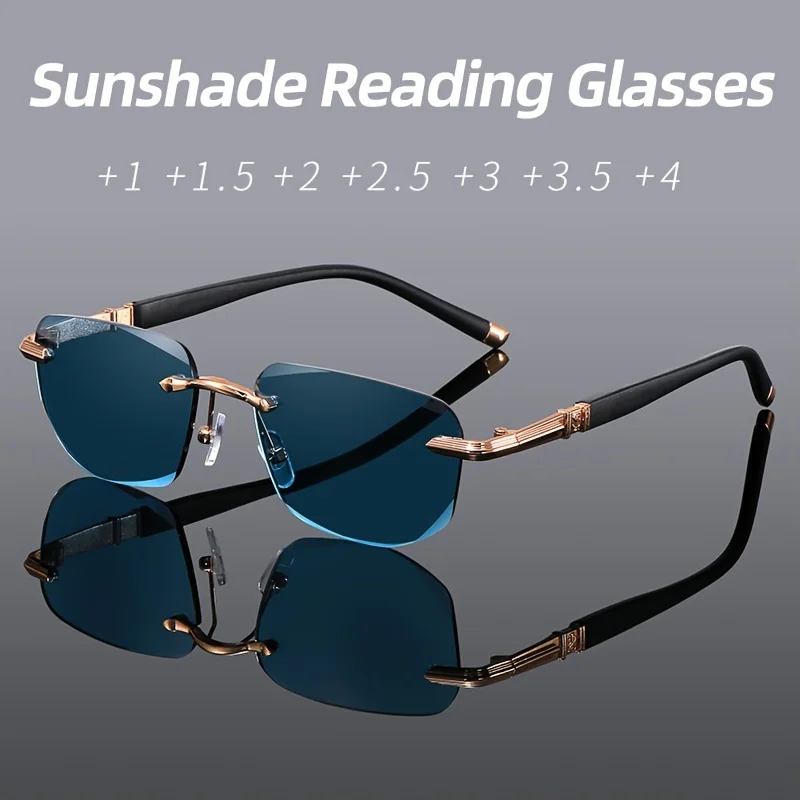 Cut Edge Rimless Reading Glasses Dark Blue Reading Lens Alloy Carving Craft Sunscreen Reading Glasses