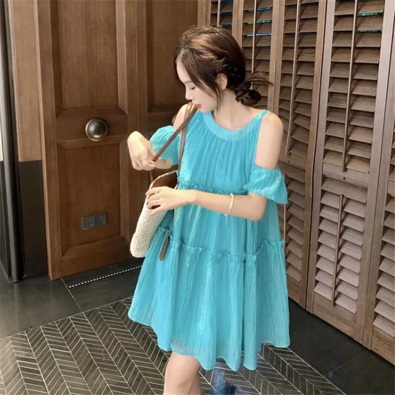 

New Summer Fashion Holiday Off Shoulder Fairy Dress O Neck Sexy Halter Loose Mini Doll Dress Cute Girl Short Sleeve Beach Dress