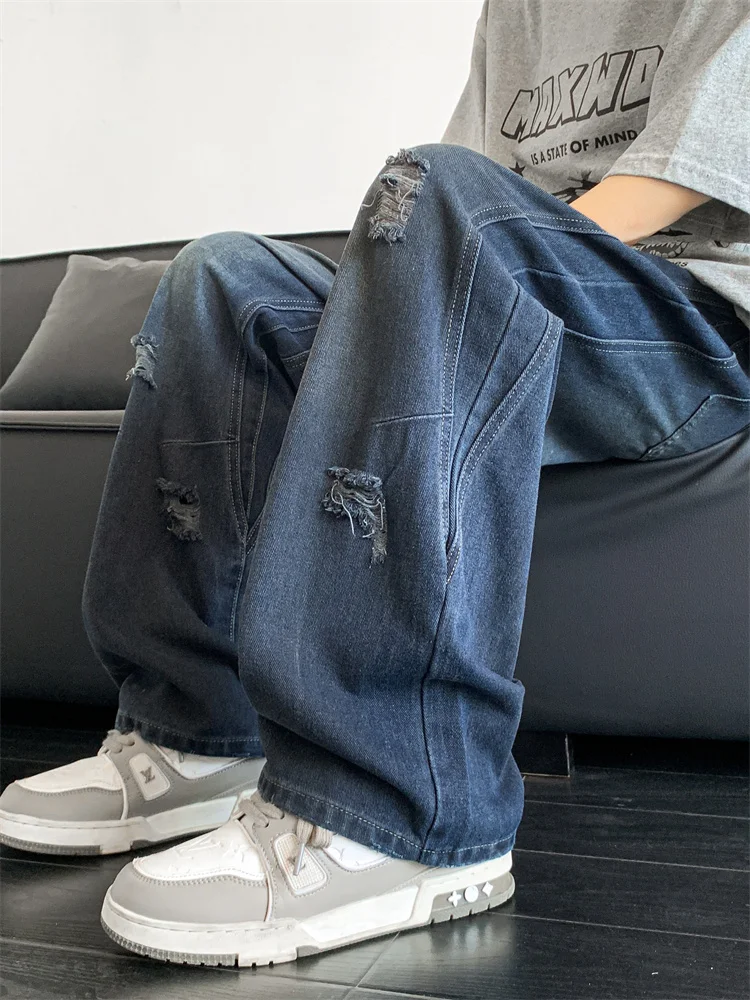 

Ripped Denim Jeans Men's American Retro Waed Trendy High Street Faion Long Pants Straight Leg Loose Fit Summer Casual