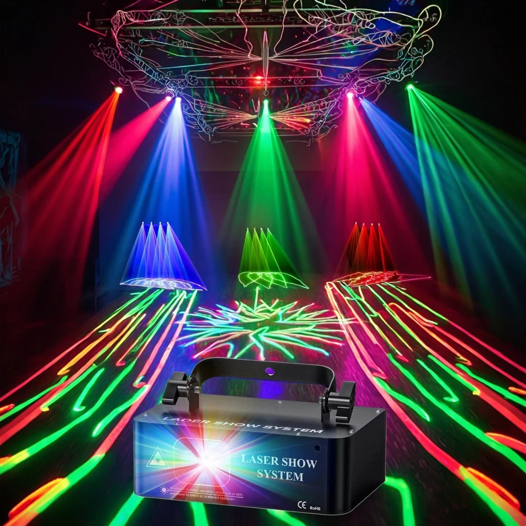 

HCWE Full Color DMX512 Animation Projector Iron Stage Light Single-Hole Voice Control Laser Lights for Party Night Club DJ Dance