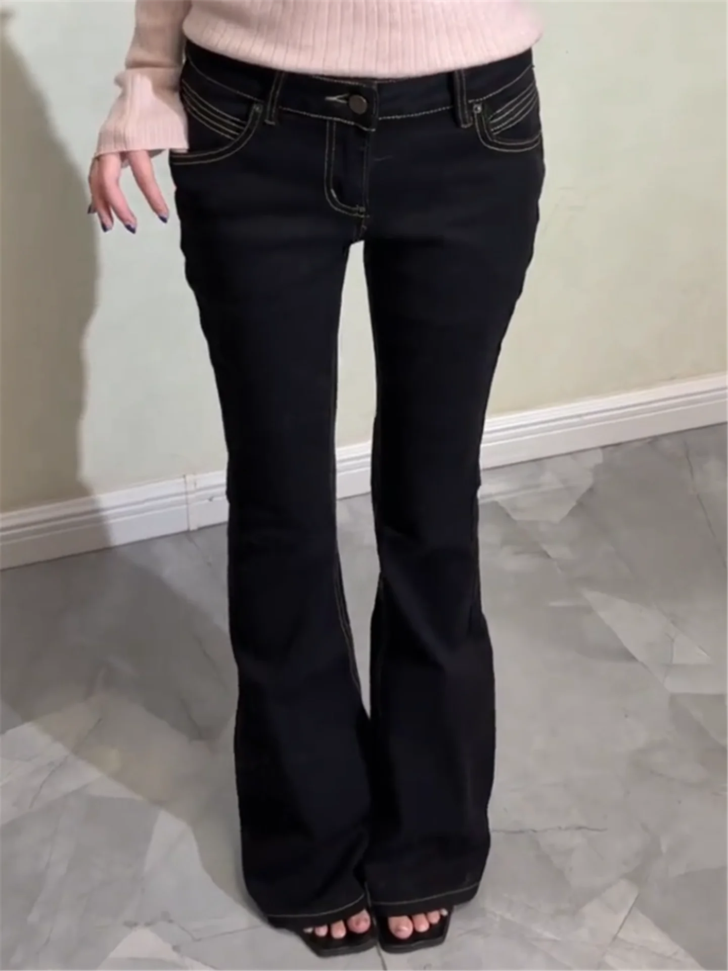 

American Style Vintage Black Bell Bottom Jeans Women's Slimming Design Spring Autumn Low Waist Cotton Casual Jeans