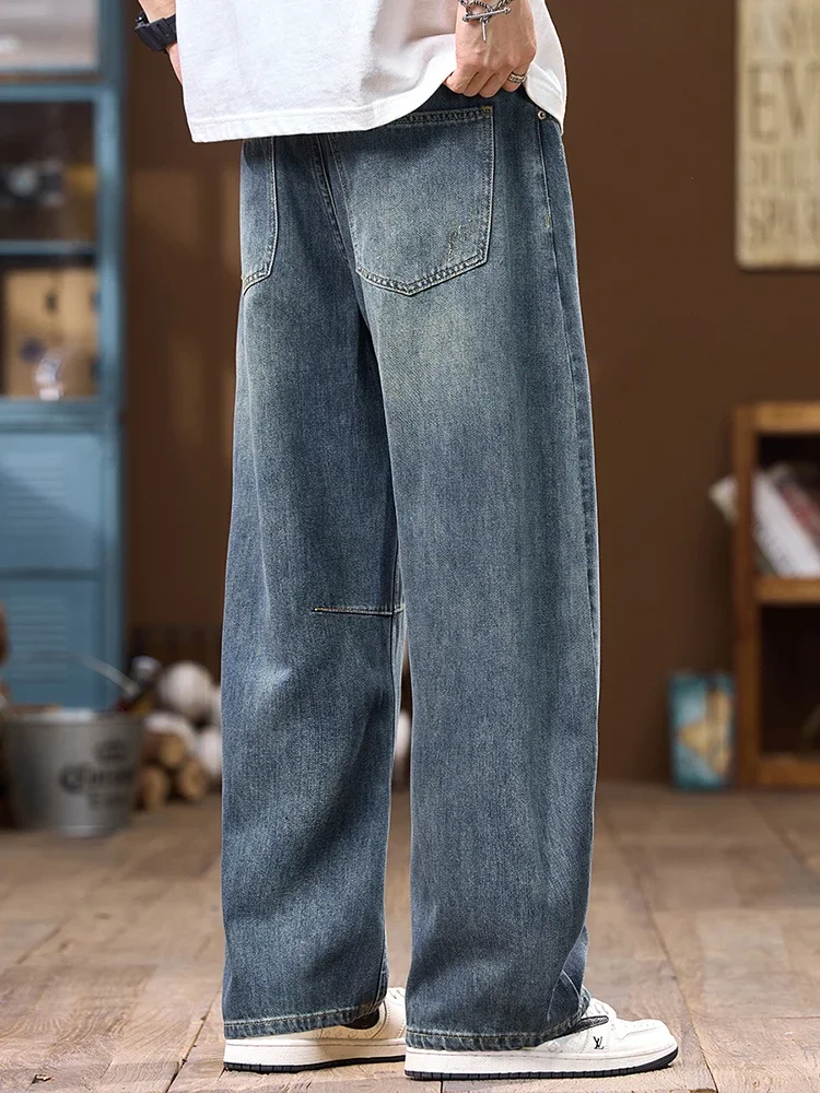 팝 여름 얇은 남성 빈티지 청바지 맞춤형 한국 패션 streetwear 캐주얼 스트레이트 루즈 와이드 데님 바지 남성