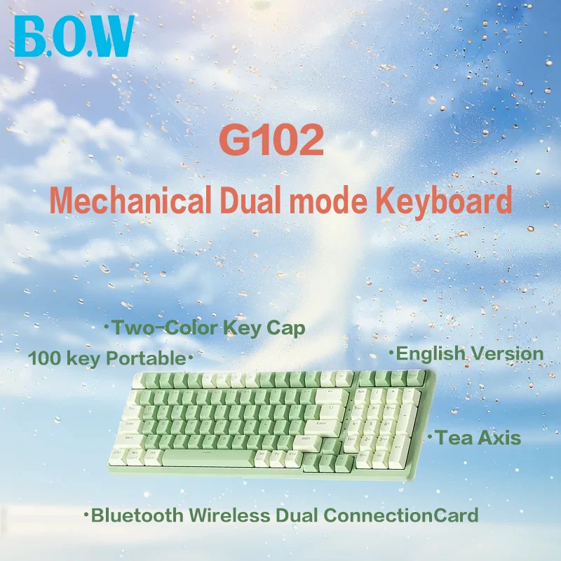 B.O.W G102D Bluetooth Dual Mode Mechanical Keyboard Axis Interchangeable Two-Color Key Cap Office Typing Tea Axis 100-KeyEnglish