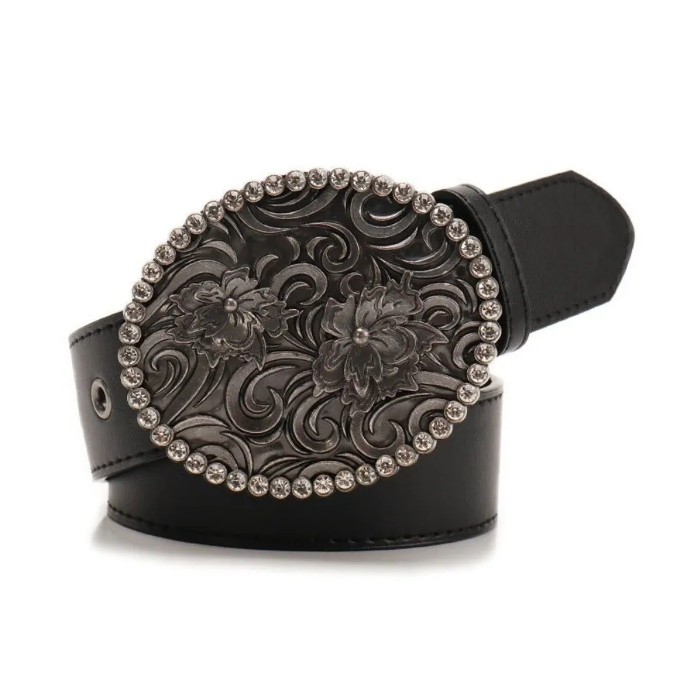 

Fashion PU Leather Belt for Women Engraved-Buckle Vintage Cowgirl Belts Black Boho Western Belt for Jeans Pants Dresses