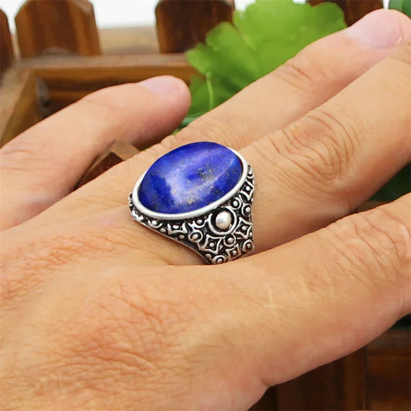 Retro Oval Lapis Lazuli Quartz Women Rings Antique Silver Plated Astrology Natural Stone Tiger Eye Unakite Fashion Ring