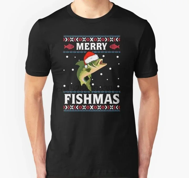 

Funny Fishmas Ugly Christmas Sweater Fisherman Angler Gift T-Shirt 100% Cotton O-Neck Short Sleeve Casual Mens T-shirt