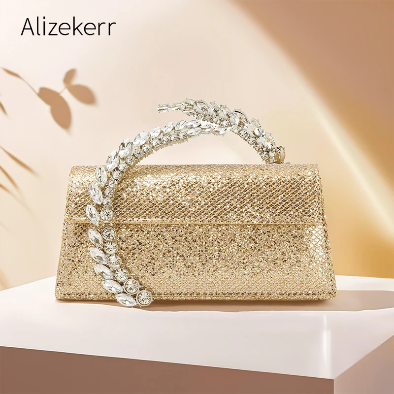 Alizekerr Sparkling Diamonds Sequin Handbags Women 2024 Gorgeous Crystal Satin Evening Purses Wedding Party Chain Crossbody Bags