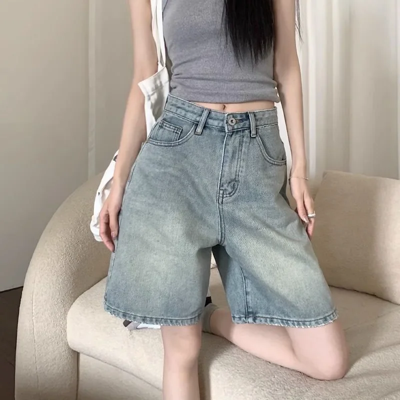 

Vintage Blue Denim Shorts Women Fashion Streetwear Straight Knee-Length Jeans Woman Summer High Waist Baggy Jean Shorts Z696