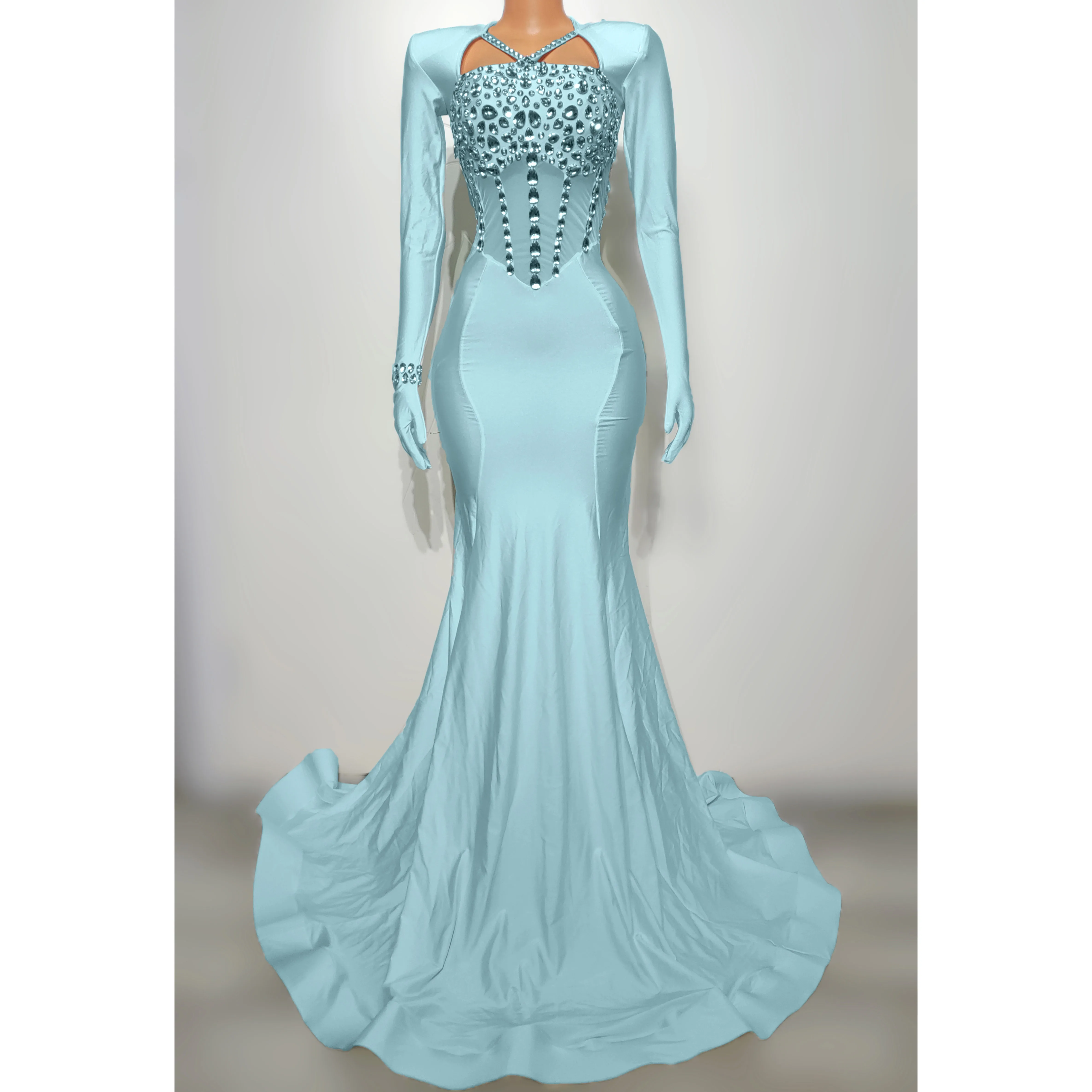 Multi-Colors Long Sleeve Evening Dresses Banquets Party Rhinestones Dress Drag Queen Costume Singer Performance Wear