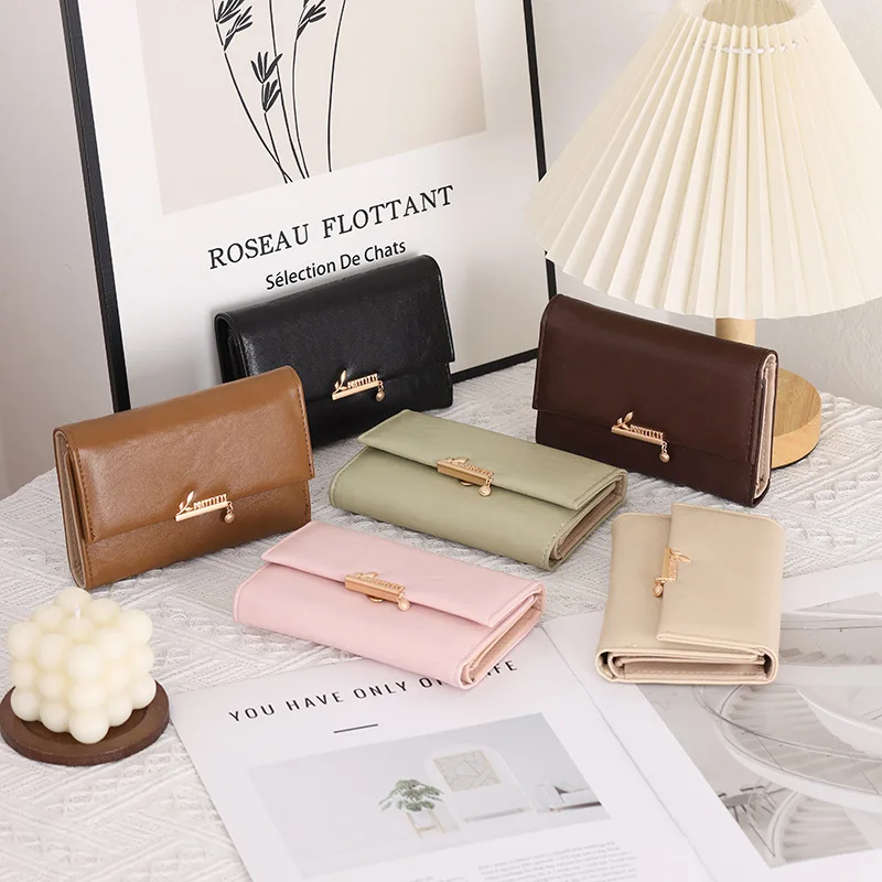 

PU Women's three-fold wallet with multiple buckle slots, simple solid color, large capacity and multi-purpose travel wallet