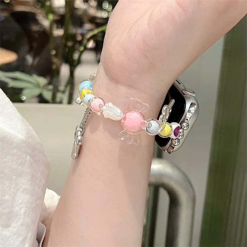 Милый карамельный ремешок для Apple Watch Series 7 Correa 44 мм 49 мм 41 38 42 45 женский эластичный браслет из бисера для IWatch 6 5 SE 4 3 Band