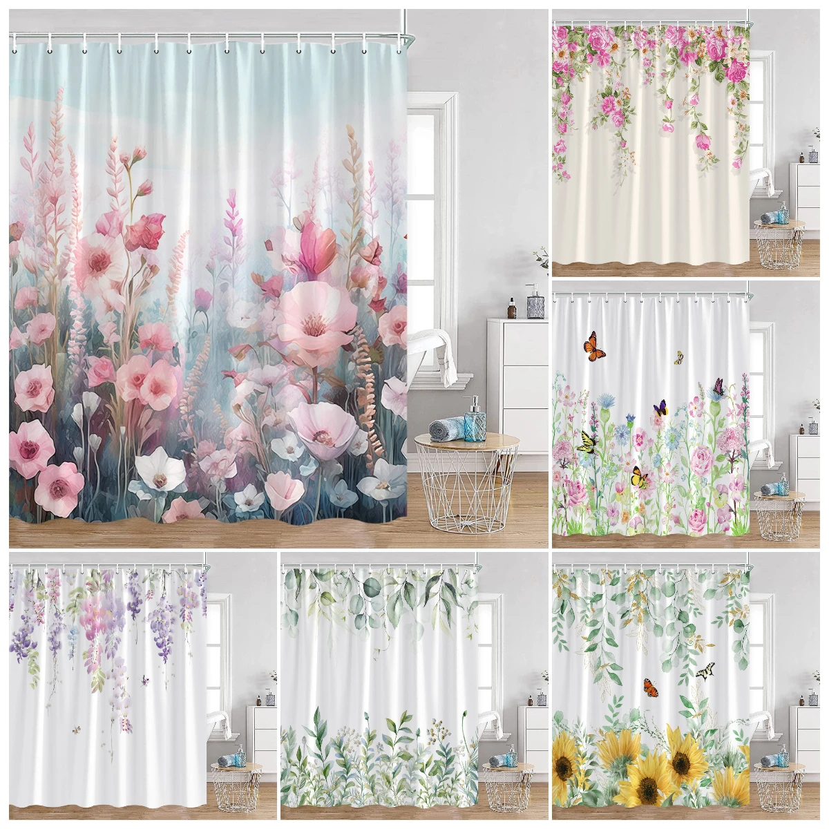 

Floral Shower Curtain Pink Flower Green Leaves Butterfly Sunflower Watercolour Plant Bathroom Curtains Set Home Decor with Hooks