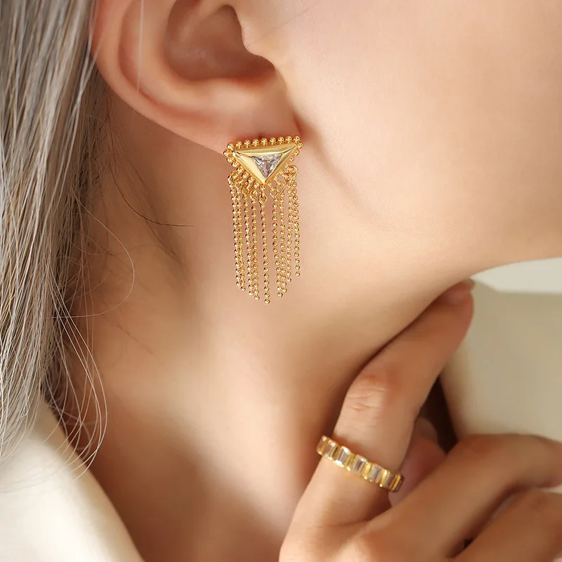 

2/5pairs Modern Stainless Steel Tassel Earrings Non-fading Waterproof Titanium Bead Chain Trangle Ear Drop Dangle Hoop Jewelry