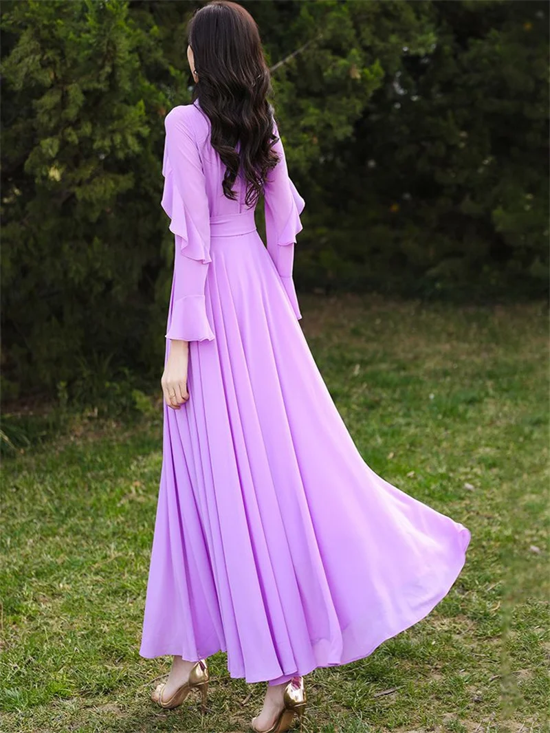 Women Dress Summer Autumn Spring New Purple Long Sleeve Chiffon Beach Casual Elegant Dress Long vestido de mujer