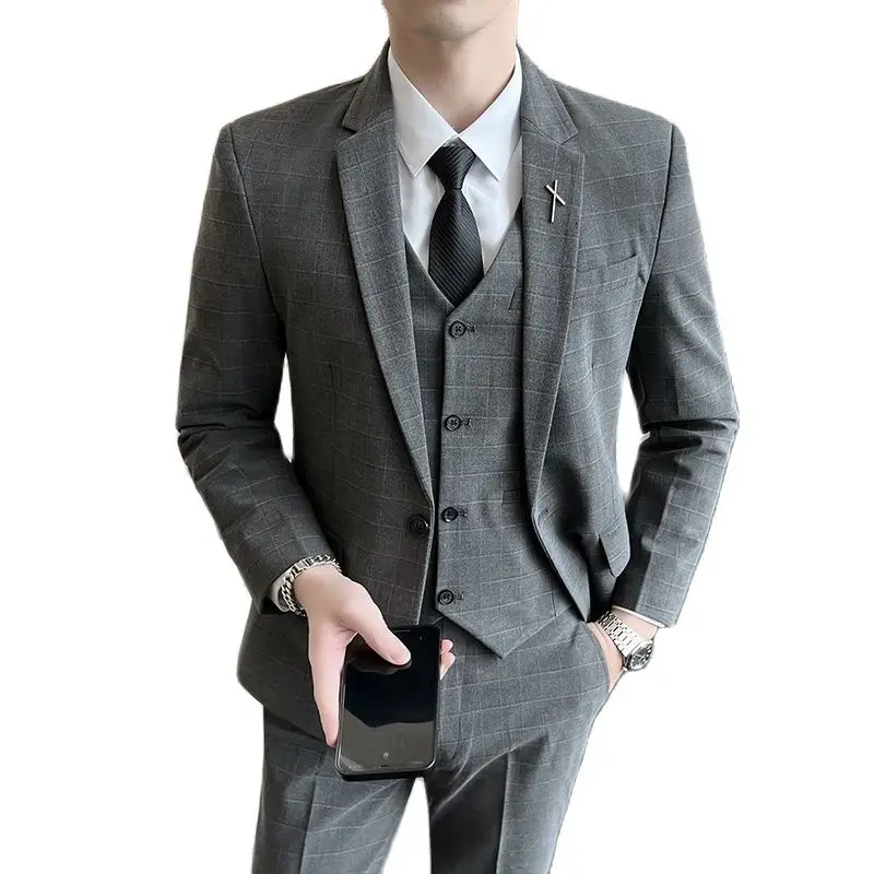 

( Jacket + Vest + Pants ) High-end Brand Boutique Fashion Plaid Men's Casual Business Suit Three-piece Set Groom Wedding Dress