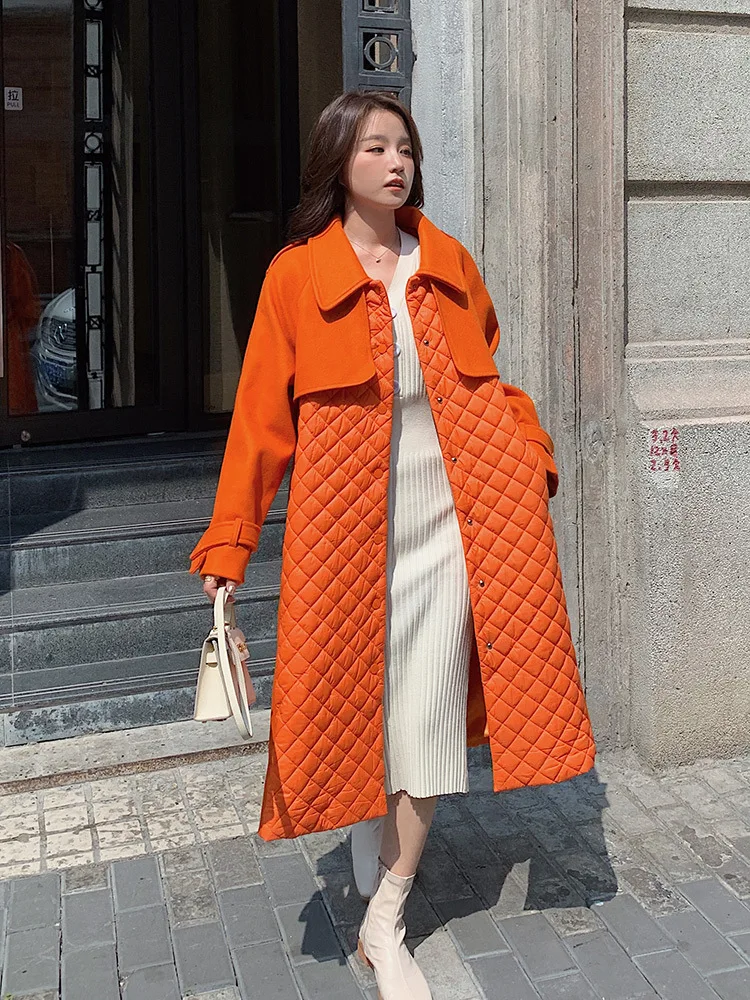 Patchwork Plaid Woolen  thicken Coats Women Lapel Long Sleeves Single Breasted Orange Belt Coat Female Streetwear Clothing