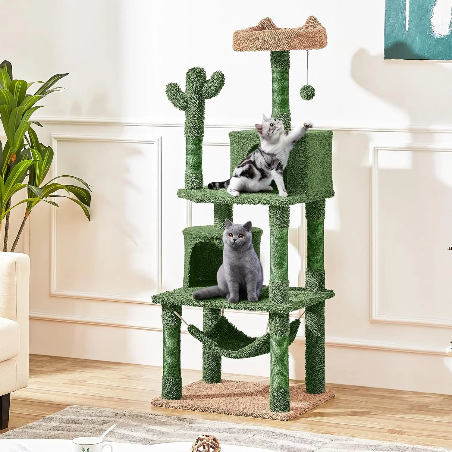 

Cactus Cat Tree for Indoor Cats, 62in Cat Tower with Scratching Posts, Hammock & Dangling Ball, Multi-Level Condo, Customized