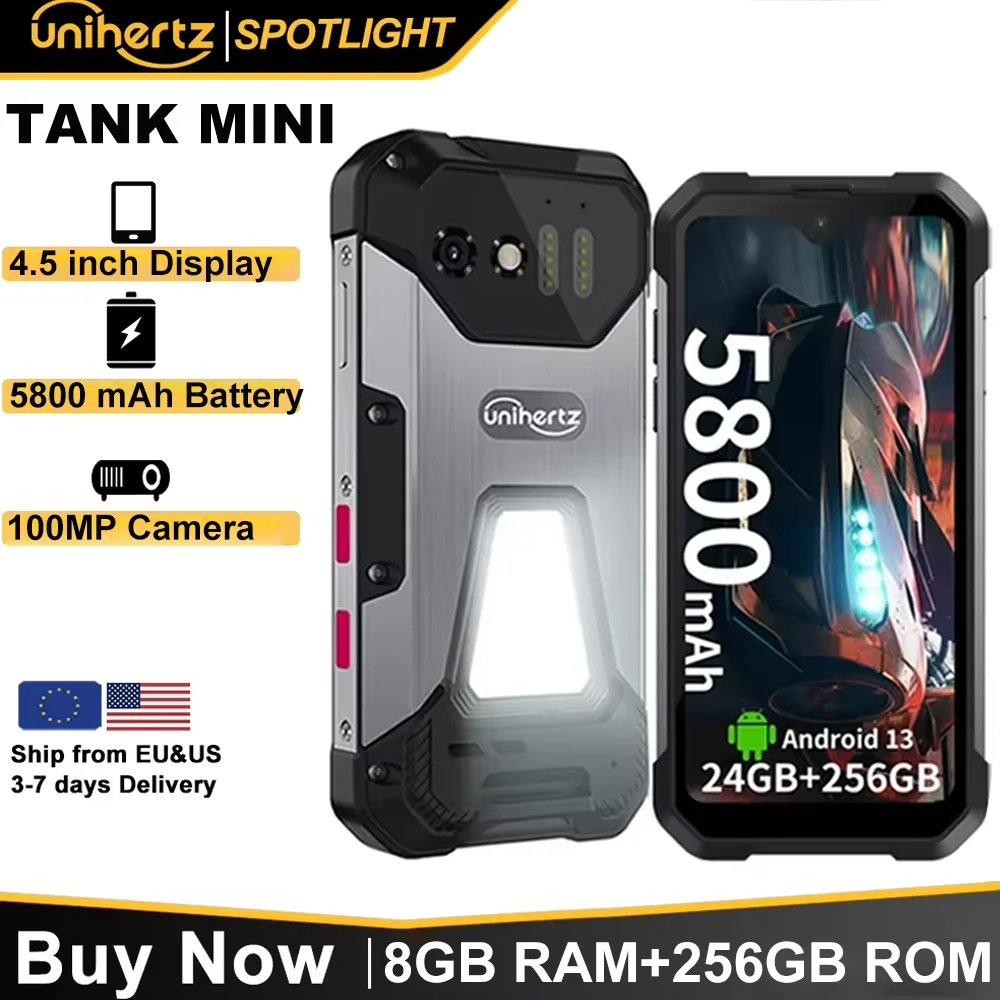 Unihertz 8849 Tank Mini Rugged Smartphone 4.3 Inch Display Android 13 5800mAh 24GB 256GB Helio G99 Octa Core 100MP Cameras IP68