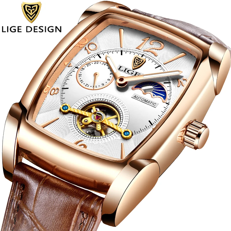 

LIGE Casual Luxury Mechanical Man Watch Square Automatic Watches for Men Tourbillon Leather Strap Waterproof Clocks Reloj Hombre