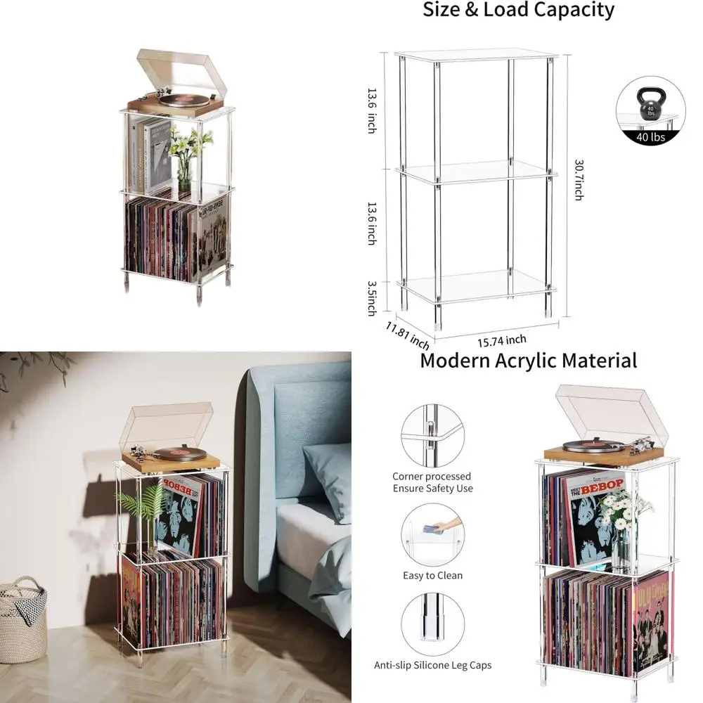 

3-Tier Acrylic Turntable Stand with Record Storage, Modern Living Room/Bedroom Side Table, 15.74x11.81x30.7