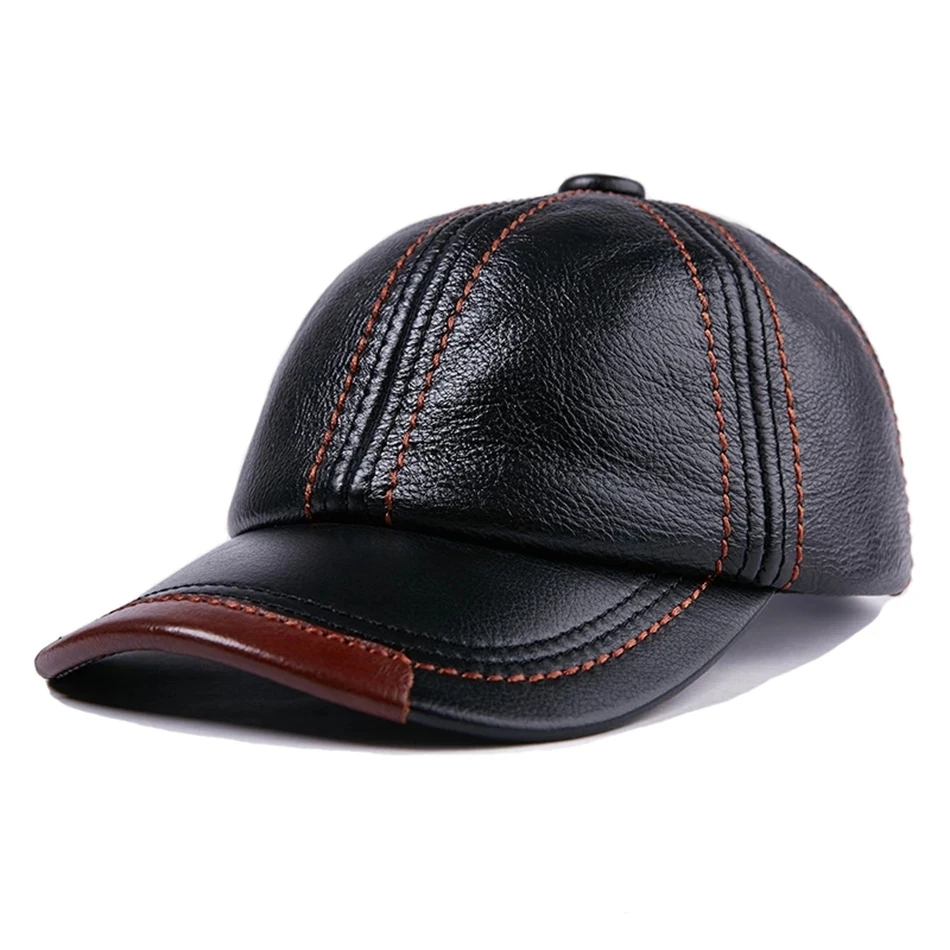 Genuine Leather Baseball Cap Men Black Cowhide Hat Snapback Male Adjustable Autumn Winter Real Leather Peaked Hats