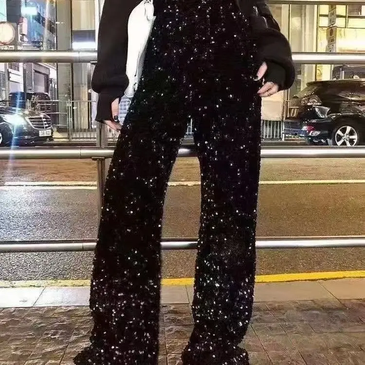 

2024 Women Autumn Winter New Sequined Wide-leg Pants Female Long High Waist Mop Pant Ladies Casual Straight Trousers T719