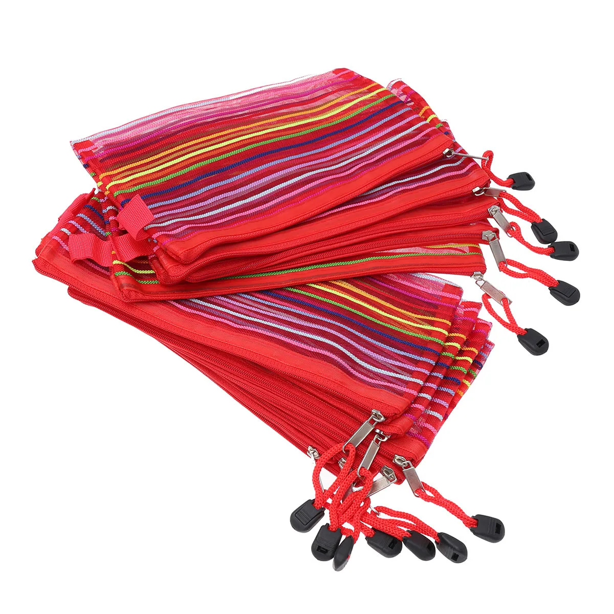 

12pcs Nylon Mesh Pouch Rainbow Stripes Storage Bag Zipper Makeup Office Supplies Travel Accessories Yellow