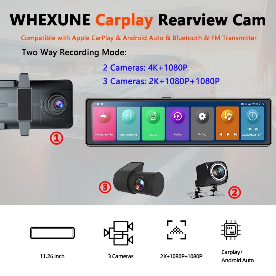 WHEXUNE 3 Cameras Dash Cam 2.5K Android Auto CarPlay DVRS GPS Navigation WIFI Rear View Mirror Black Video Recorder 24Hs Monitor