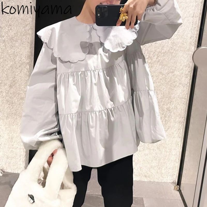 Lantern Long Sleeve Shirts Blouses Embroidery Peter Pan Collar Blusas Mujer Japanese Pleated Camisas Spring New Shirt Tops